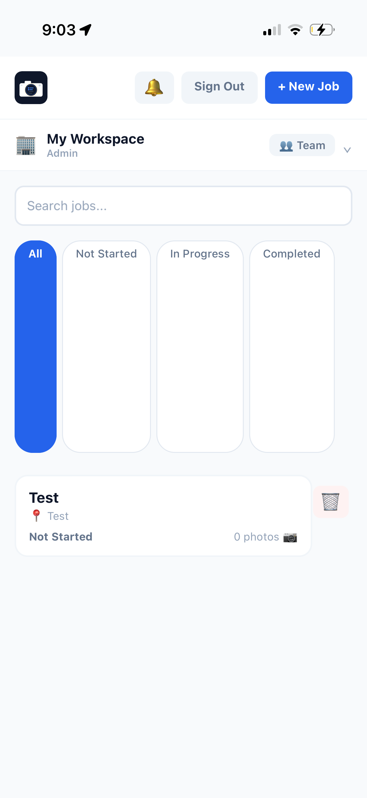 JobShot job list screen