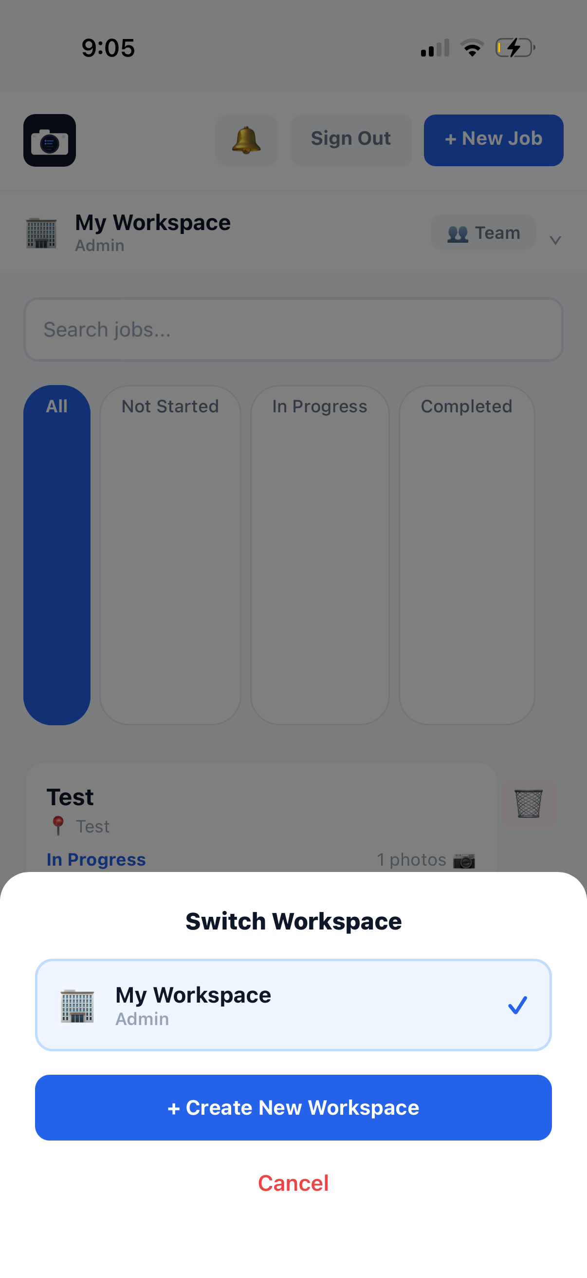 JobShot team workspace screen